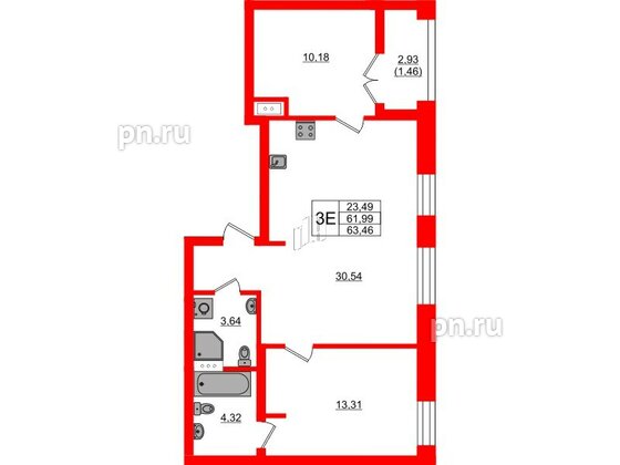 Квартира в ЖК NEWПИТЕР, 2 комнатная, 63.46 м², 3 этаж