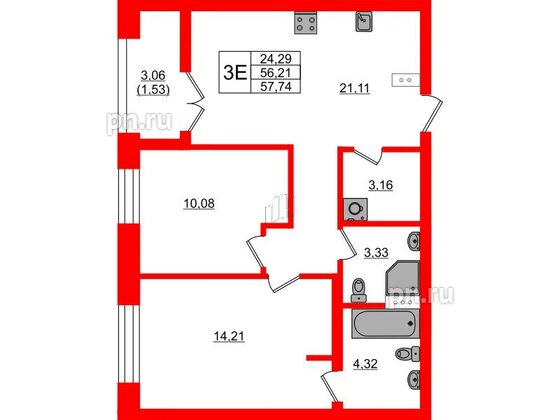 Квартира в ЖК NEWПИТЕР, 2 комнатная, 57.74 м², 3 этаж