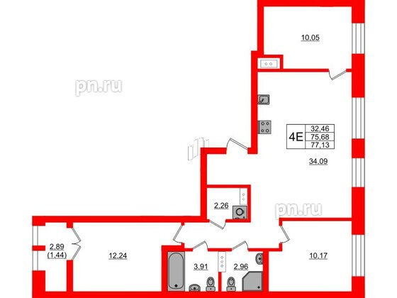 Квартира в ЖК NEWПИТЕР, 3 комнатная, 77.13 м², 3 этаж