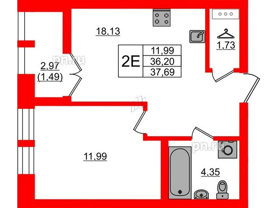 Квартира в ЖК NEWПИТЕР, 1 комнатная, 37.69 м², 3 этаж