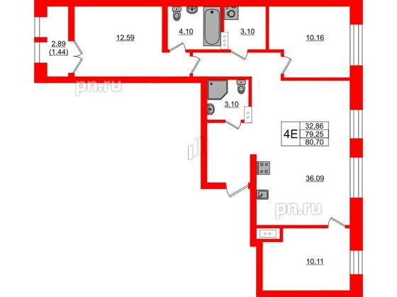 Квартира в ЖК NEWПИТЕР, 3 комнатная, 80.7 м², 3 этаж