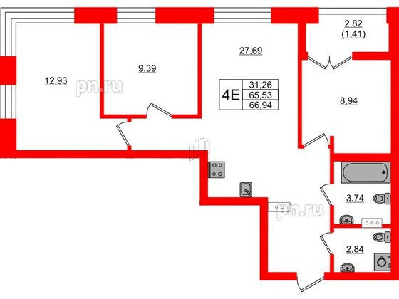 Квартира в ЖК NEWПИТЕР, 3 комнатная, 66.94 м², 3 этаж