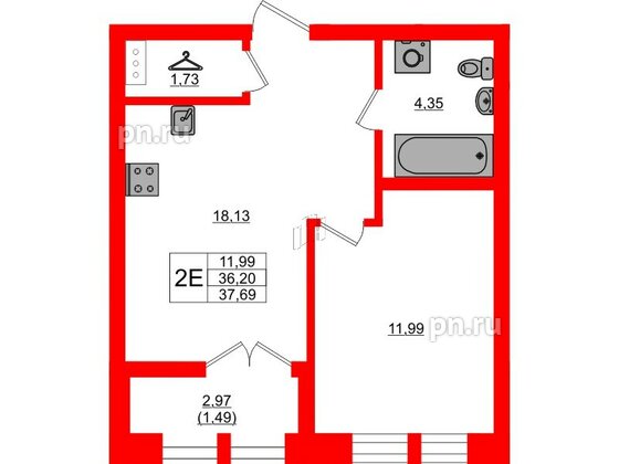 Квартира в ЖК NEWПИТЕР, 1 комнатная, 37.69 м², 5 этаж