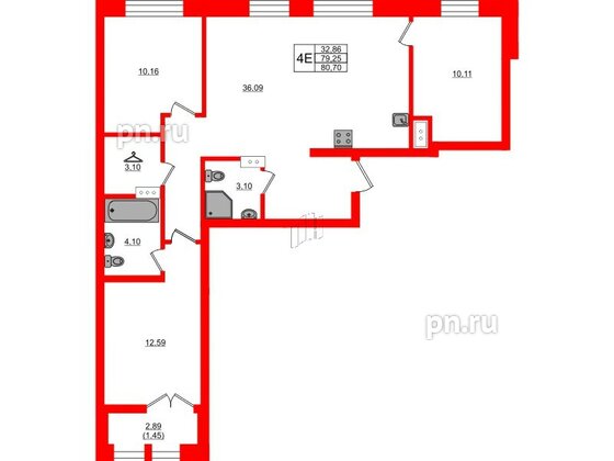 Квартира в ЖК NEWПИТЕР, 3 комнатная, 80.7 м², 3 этаж