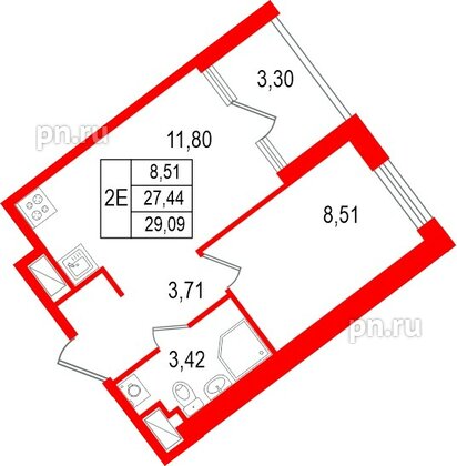 Квартира в ЖК «Нигилист», 1 комнатная, 27.44 м², 2 этаж