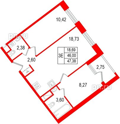 Квартира в ЖК «Нигилист», 2 комнатная, 46 м², 10 этаж