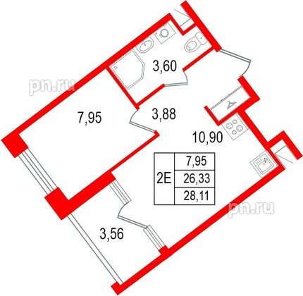 Квартира в ЖК «Нигилист», 1 комнатная, 26.33 м², 11 этаж