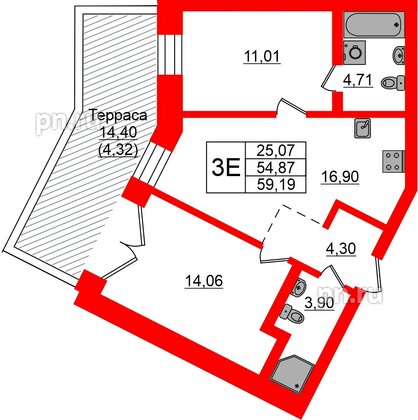 Квартира в ЖК «Новый Питер», 2 комнатная, 59.19 м², 2 этаж