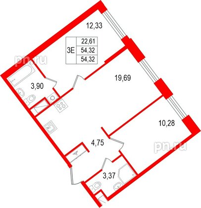 Квартира в ЖК «Нигилист», 2 комнатная, 54.32 м², 3 этаж
