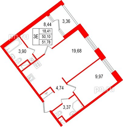 Квартира в ЖК «Нигилист», 2 комнатная, 50.1 м², 10 этаж