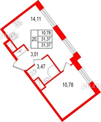 Квартира в ЖК «Нигилист», 1 комнатная, 31.37 м², 2 этаж