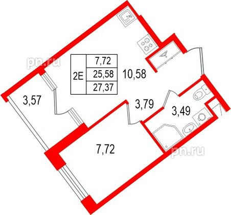 Квартира в ЖК «Нигилист», 1 комнатная, 25.58 м², 3 этаж