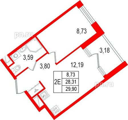 Квартира в ЖК «Нигилист», 1 комнатная, 28.31 м², 6 этаж