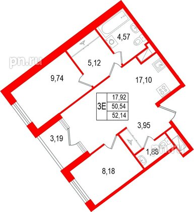 Квартира в ЖК «Нигилист», 2 комнатная, 50.54 м², 3 этаж