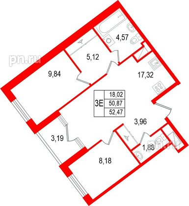 Квартира в ЖК «Нигилист», 2 комнатная, 50.87 м², 5 этаж