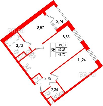 Квартира в ЖК «Нигилист», 2 комнатная, 47.35 м², 2 этаж