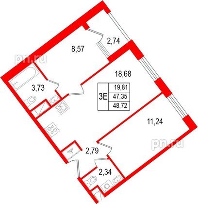 Квартира в ЖК «Нигилист», 2 комнатная, 47.35 м², 4 этаж