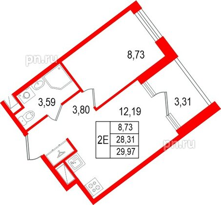 Квартира в ЖК «Нигилист», 1 комнатная, 28.31 м², 10 этаж