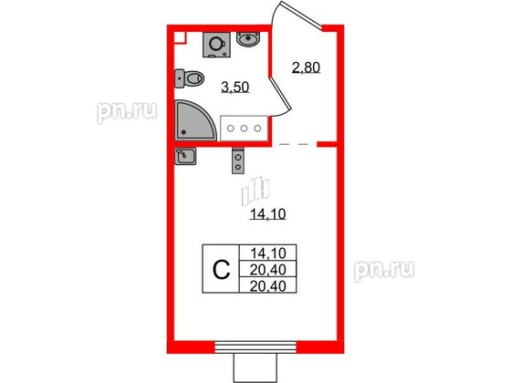 Квартира в ЖК 'Цветной город', студия, 20.4 м², 16 этаж