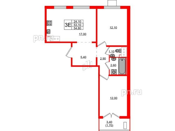 Квартира в ЖК 'Цветной город', 2 комнатная, 54.8 м², 9 этаж