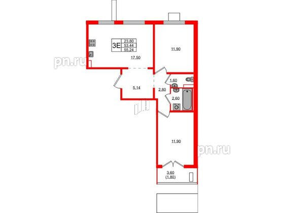 Квартира в ЖК 'Цветной город', 2 комнатная, 55.24 м², 2 этаж