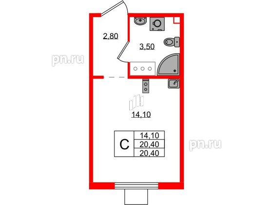 Квартира в ЖК 'Цветной город', студия, 20.4 м², 21 этаж