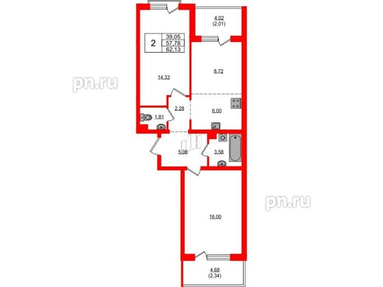 Квартира в ЖК «ЛесART», 2 комнатная, 62.13 м², 2 этаж