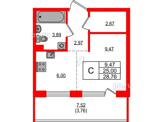 Квартира в ЖК «ЛесART», студия, 28.76 м², 2 этаж