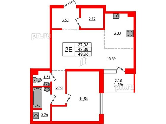 Квартира в ЖК «ЛесART», 1 комнатная, 49.98 м², 2 этаж