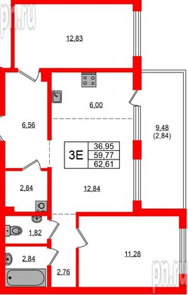 Квартира в ЖК «ЛесАрт», 2 комнатная, 62.61 м², 4 этаж