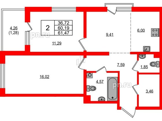 Квартира в ЖК «ЛесART», 2 комнатная, 61.47 м², 2 этаж