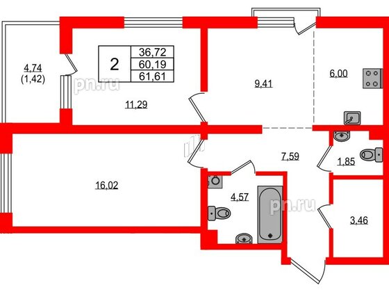 Квартира в ЖК «ЛесART», 2 комнатная, 61.61 м², 4 этаж