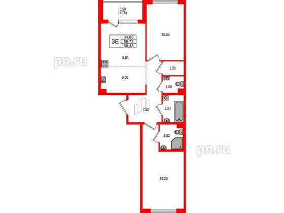 Квартира в ЖК «ЛесART», 2 комнатная, 58.48 м², 2 этаж