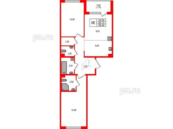 Квартира в ЖК «ЛесART», 2 комнатная, 58.48 м², 2 этаж