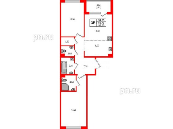 Квартира в ЖК «ЛесАрт», 2 комнатная, 58.55 м², 12 этаж