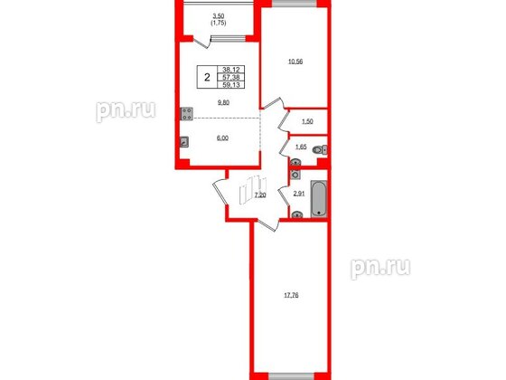 Квартира в ЖК «ЛесART», 2 комнатная, 59.13 м², 2 этаж