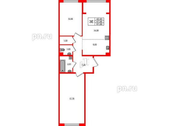 Квартира в ЖК «ЛесART», 2 комнатная, 61.66 м², 1 этаж