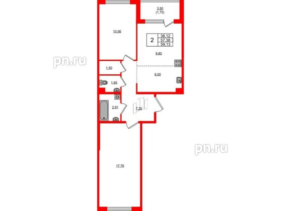 Квартира в ЖК «ЛесART», 2 комнатная, 59.13 м², 2 этаж