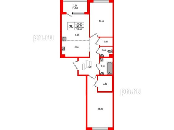 Квартира в ЖК «ЛесART», 2 комнатная, 58.9 м², 4 этаж