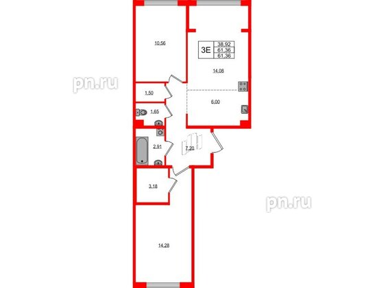 Квартира в ЖК «ЛесART», 2 комнатная, 61.36 м², 1 этаж