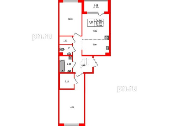 Квартира в ЖК «ЛесART», 2 комнатная, 58.9 м², 4 этаж