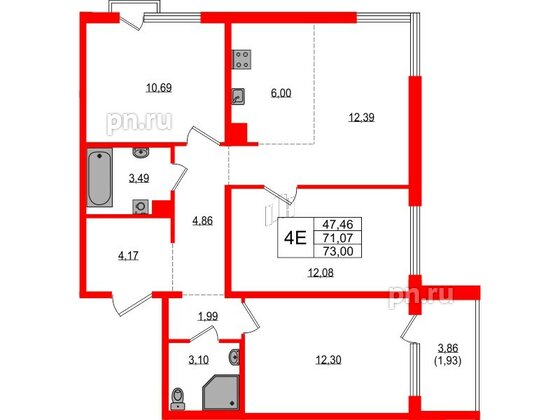 Квартира в ЖК «ЛесART», 3 комнатная, 73 м², 4 этаж