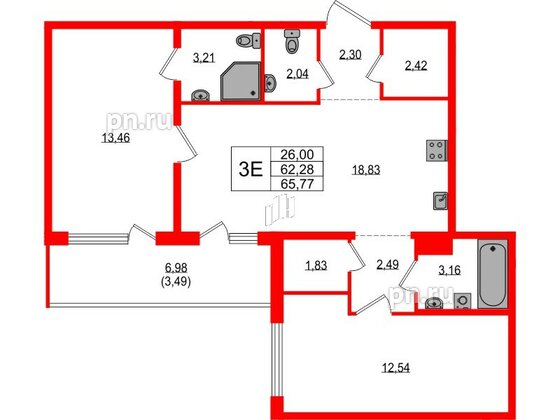 Квартира в ЖК «ЛесART», 2 комнатная, 65.77 м², 2 этаж