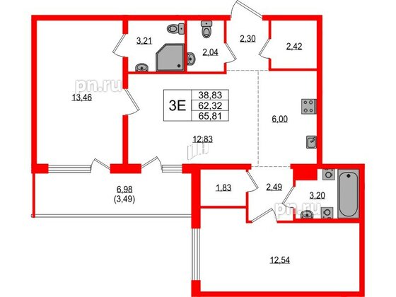 Квартира в ЖК «ЛесART», 2 комнатная, 65.81 м², 3 этаж