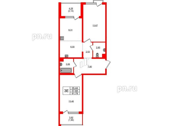 Квартира в ЖК «ЛесART», 2 комнатная, 61.78 м², 2 этаж