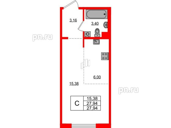 Квартира в ЖК «ЛесART», студия, 27.94 м², 1 этаж