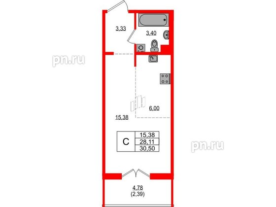 Квартира в ЖК «ЛесART», студия, 30.5 м², 2 этаж