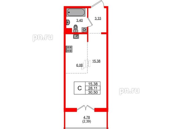 Квартира в ЖК «ЛесART», студия, 30.5 м², 2 этаж