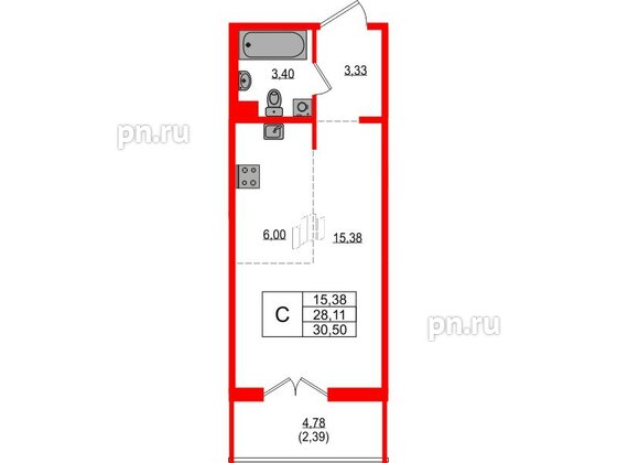 Квартира в ЖК «ЛесART», студия, 30.5 м², 2 этаж