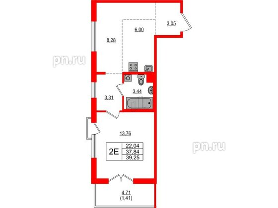 Квартира в ЖК «ЛесART», 1 комнатная, 39.25 м², 2 этаж